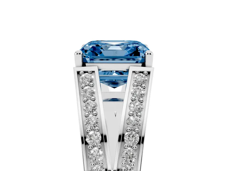 Fancy Blue Asscher Cut Diamond Split Shank Ring Set in White gold with Pavé Band and Prong Setting
