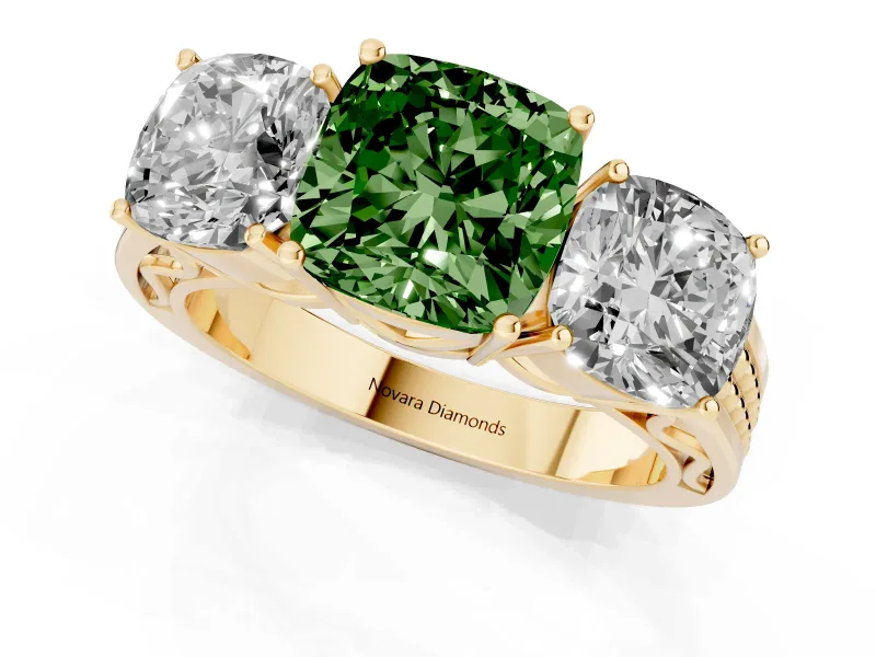 Fancy Green Cushion Cut Diamond Three-Stone Ring Set in Yellow gold with Textured Band