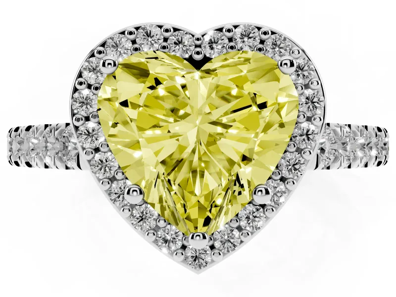 Fancy Yellow Heart Cut Diamond Halo Engagement Ring Set in White gold with Pavé Band and Prong Setting