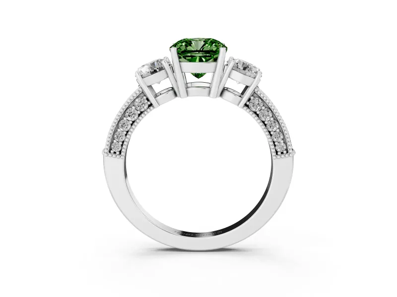 Fancy Green Cushion Cut Diamond Three-Stone Ring Set in Platinum with Round Side Stones and Pavé Band