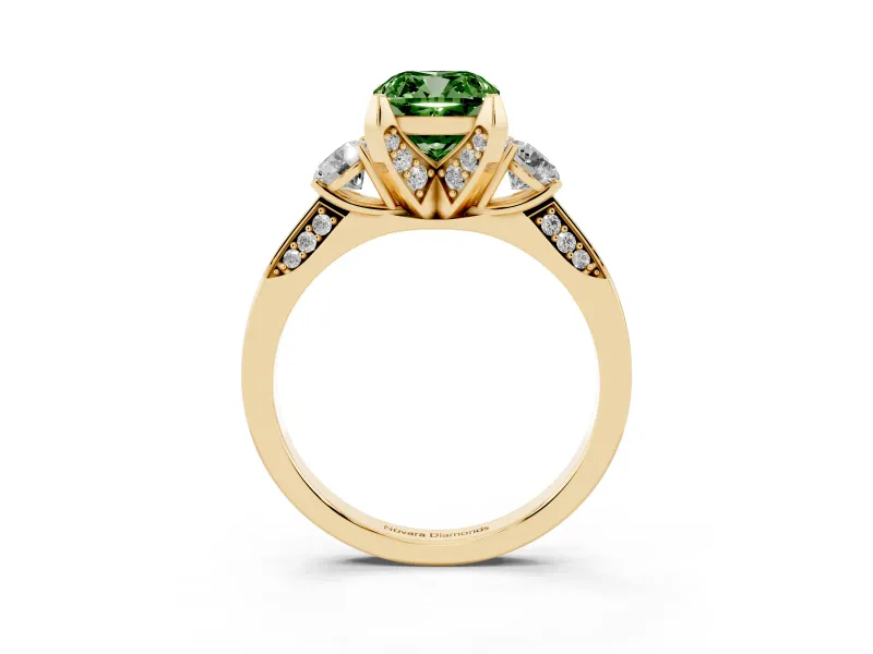 Cushion Cut Hidden Halo Three Stone Engagement Ring Setting for a Fancy Green Lab-Grown Diamond | Yellow Gold