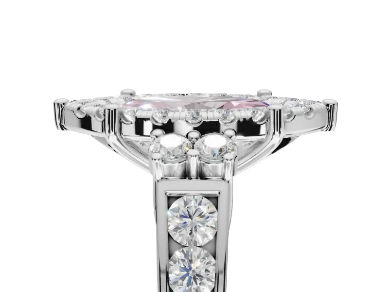 Marquise Halo Engagement Ring Setting for a Fancy Pink Lab-Grown Diamond | Side Clusters | Platinum