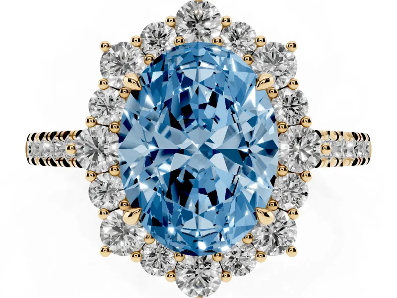 Oval Scalloped Halo Engagement Ring Setting for a Fancy Blue Lab-Grown Diamond | Single Row Pave | Yellow Gold