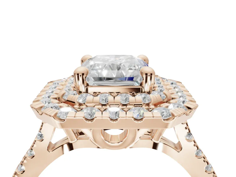 Radiant Cut Lab-Grown Diamond Double Halo Statement Ring Set in Rose Gold with Pavé Band