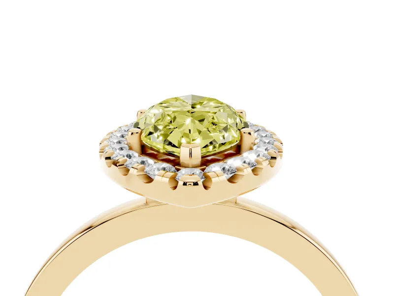 Fancy Yellow Marquise Cut Diamond Halo Solitaire Ring Set in Yellow gold with Pavé Band and Prong Setting
