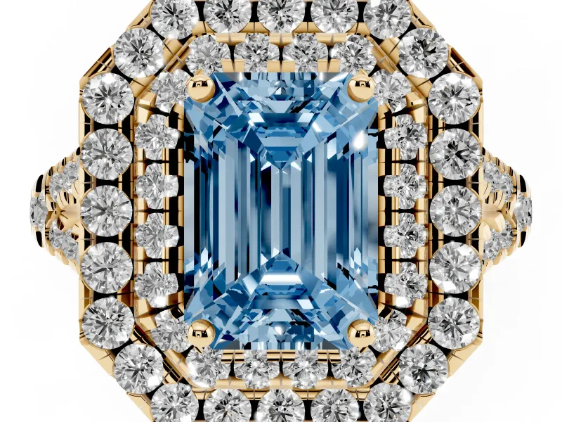 Emerald Cut Halo Split Shank Engagement Ring Setting for a Fancy Blue Lab-Grown Diamond | Pavé Strands | Yellow Gold