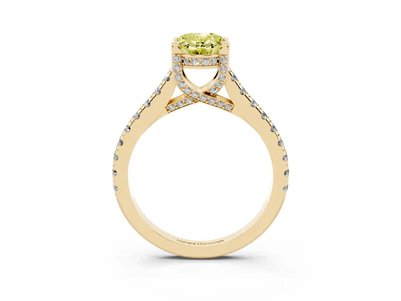 Oval Hidden Halo Pave Engagement Ring Setting for a Fancy Yellow Lab-Grown Diamond | Claw Prongs | Yellow Gold