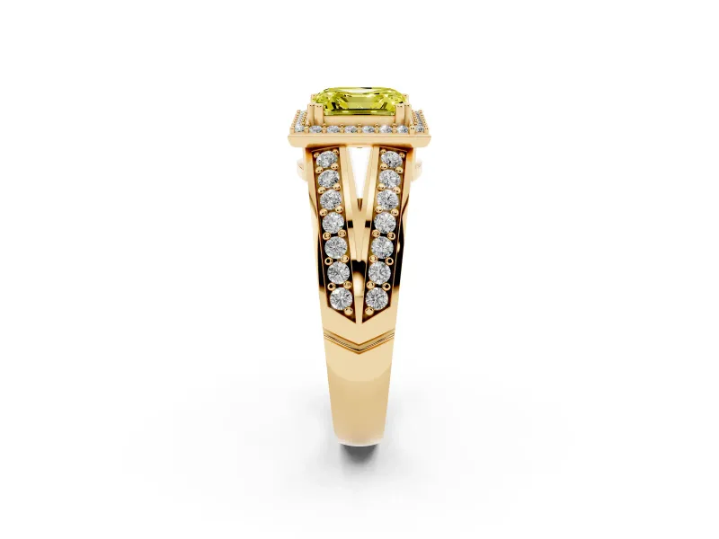 Asscher Cut Halo Engagement Ring Setting for a Fancy Yellow Lab-Grown Diamond | Two-Row Pave Split Shank | Yellow Gold