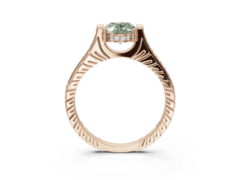 Oval Vintage Cathedral Engagement Ring Setting for a Fancy Green Lab-Grown Diamond | Carved Band | Rose Gold