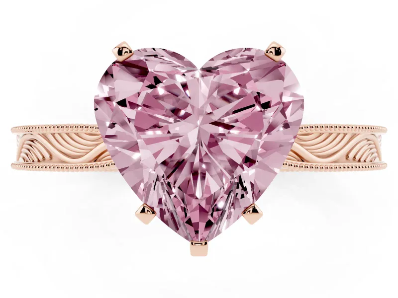 Heart-Shaped Engraved Engagement Ring Setting for a Fancy Pink Lab-Grown Diamond | Rose Gold