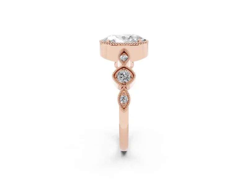 Oval Cut Diamond Vintage-Inspired Milgrain Ring Set in Rose gold with Marquise Stations of Round Accents