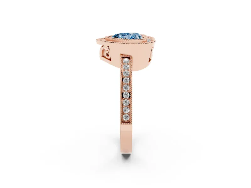 Fancy Blue Heart Cut Diamond Halo Ring Set in Rose gold with Pavé Band and Milgrain-Edged Prongs
