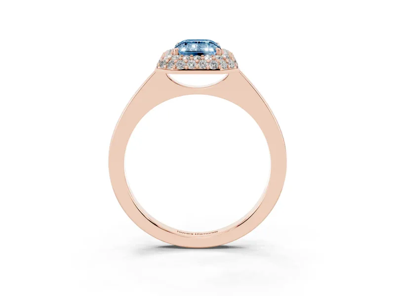 Fancy Blue Emerald Cut Diamond Halo Engagement Ring Set in Rose gold with Solitaire Band and Prong Setting