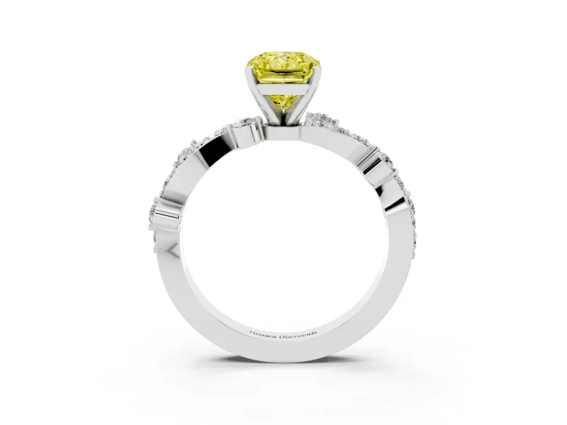 Fancy Yellow Radiant Cut Diamond Solitaire Twisted Band Set in White gold with Pavé Setting