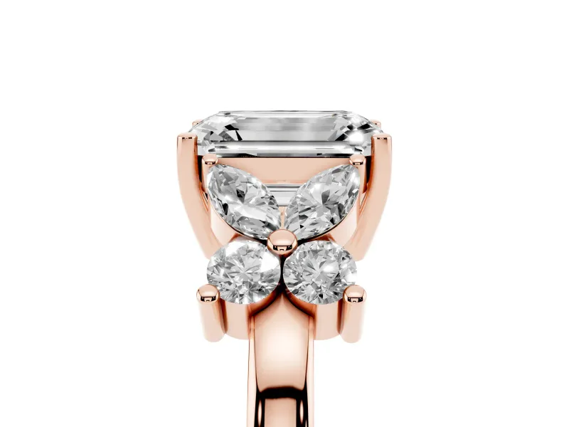 Emerald Cut Diamond Floral Cluster Ring Set in Rose gold with Marquise Petals and Prong Setting