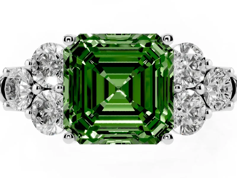 Fancy Green Asscher Cut Diamond Cluster Ring Set in White gold with Round Accent Stones and Prong Setting on a Plain Band