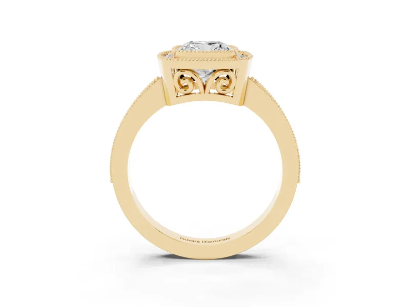 Cushion Cut Diamond Halo Ring Set in Yellow gold with Pavé Band and Milgrain-Edged Prongs