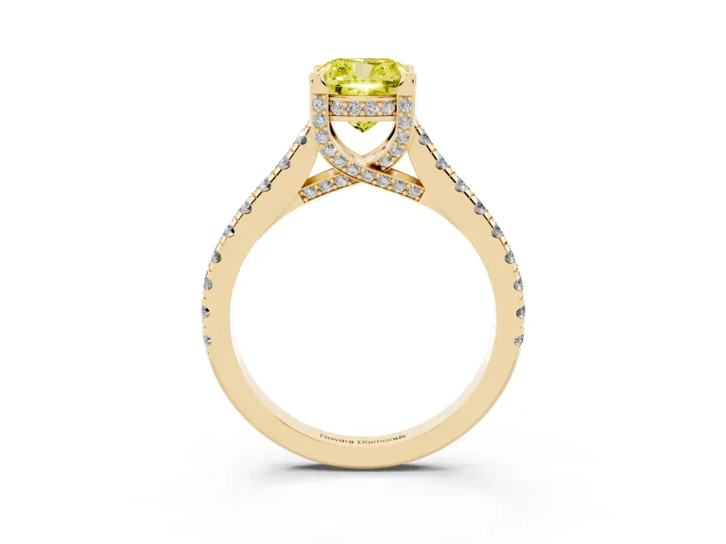 Cushion Cut Hidden Halo Pave Engagement Ring Setting for a Fancy Yellow Lab-Grown Diamond | Claw Prongs | Yellow Gold