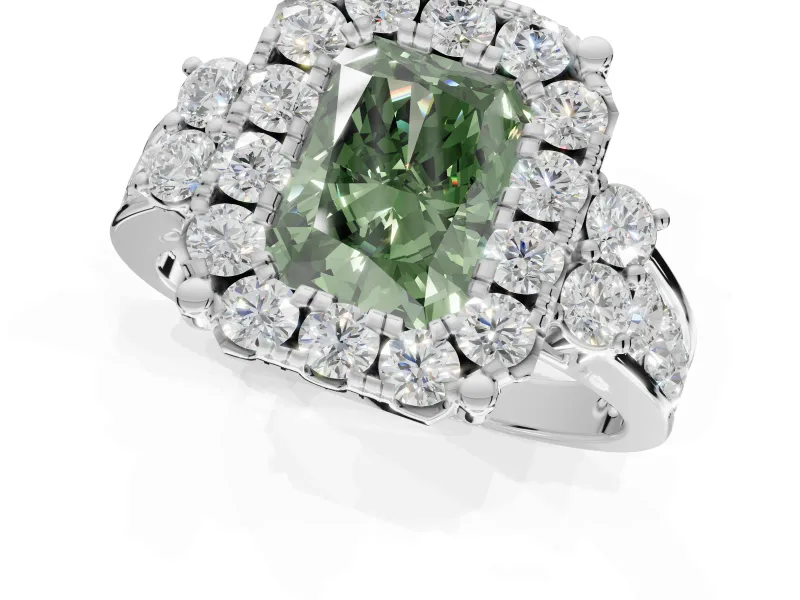 Radiant Cut Halo Engagement Ring Setting for a Fancy Green Lab-Grown Diamond | Graduated Channel Band | Platinum