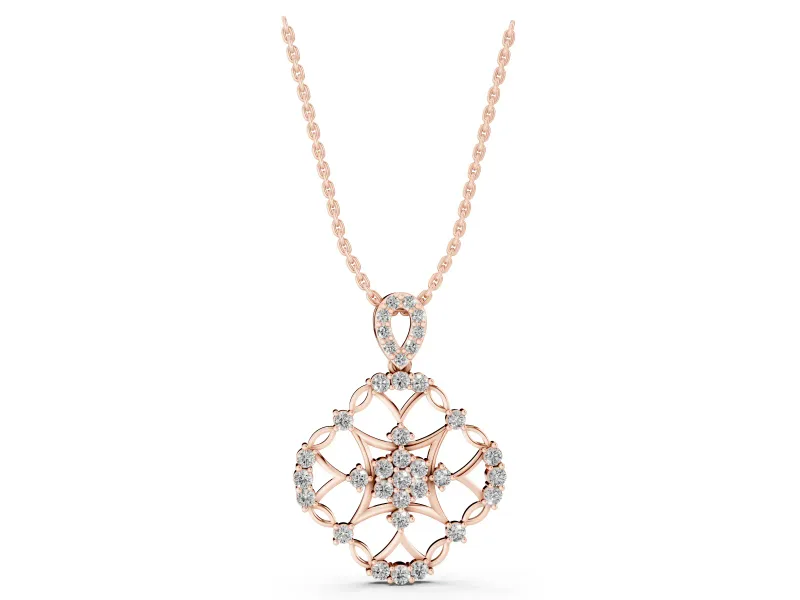 Round Lab-Grown Diamond Openwork Cluster Pendant Necklace | Quatrefoil Frame | Rose Gold