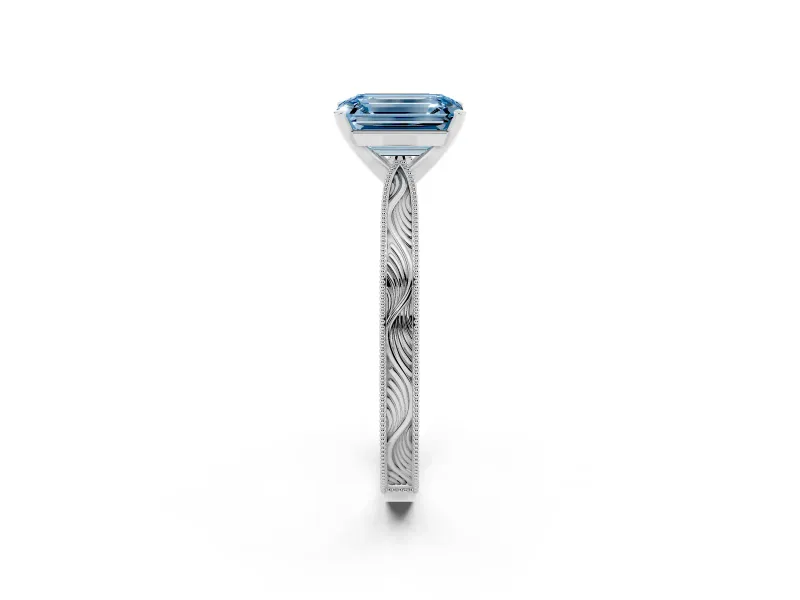 Fancy Blue Emerald Cut Diamond Solitaire Milgrain Engraved Band Set in Silver with Prong Setting