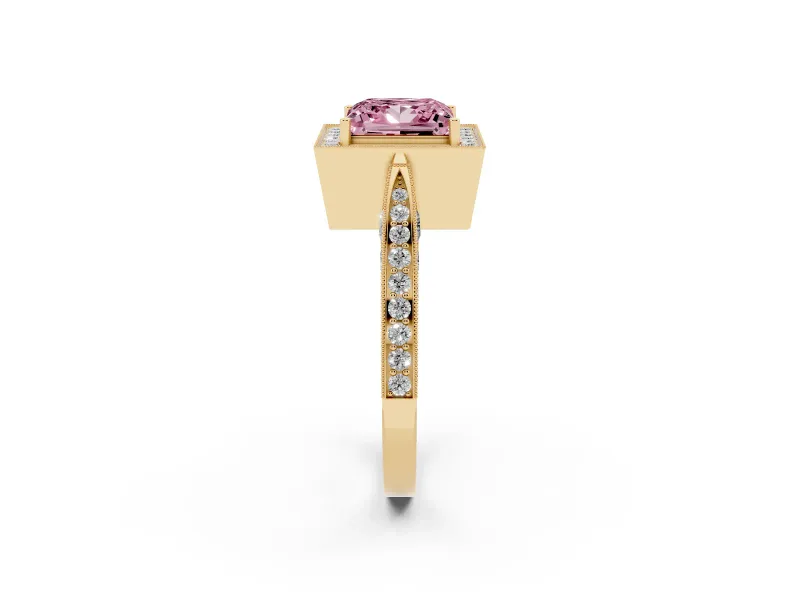 Princess Cut Milgrain Halo Engagement Ring Setting for a Fancy Pink Lab-Grown Diamond | Side Stones | Yellow Gold