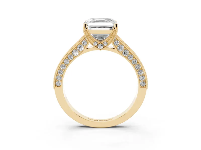 Asscher Cut Vintage Hidden Halo Engagement Ring Setting | Milgrain Pave Band | Yellow Gold