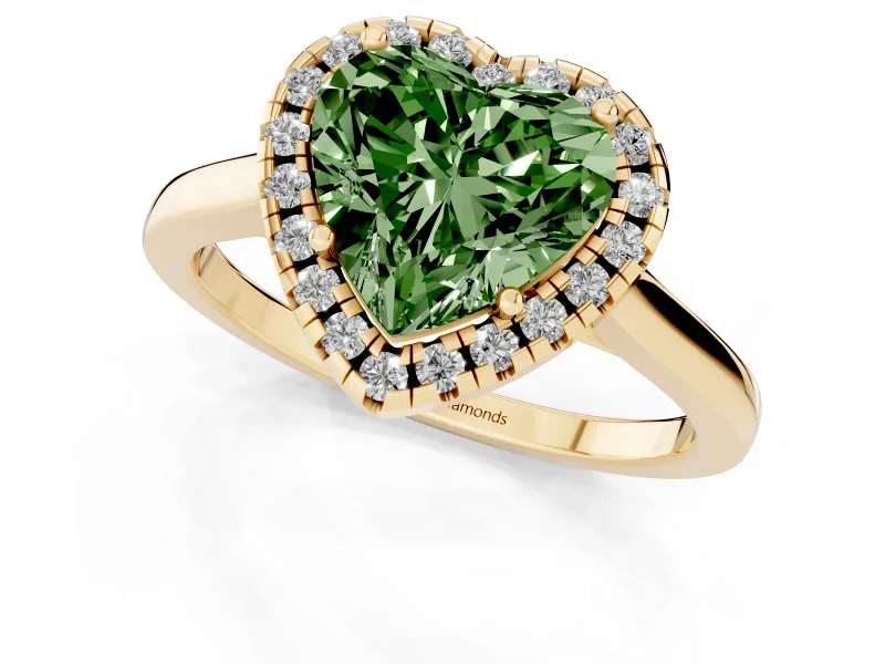 Fancy Green Heart Cut Halo Round Diamond Solitaire Ring Set in Yellow gold with Pavé Band and Prong Setting