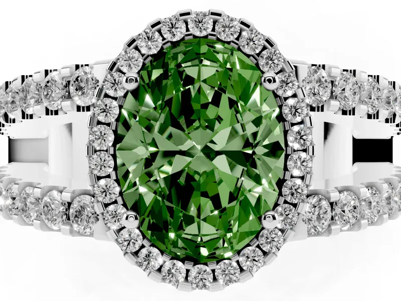 Fancy Green Oval Cut Diamond Halo Ring Set in White gold with Pavé Split Shank and Prong Setting
