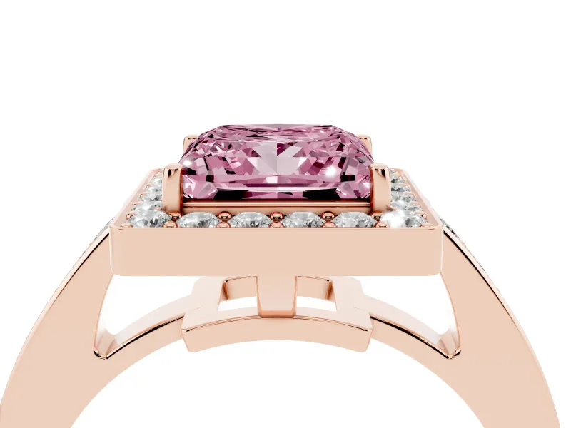 Fancy Pink Princess Cut Diamond Halo Pavé Engagement Ring Set in Rose gold with Bezel Setting