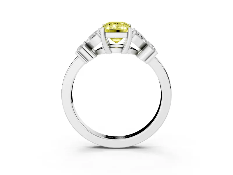 Fancy Yellow Emerald Cut Diamond Floral Cluster Ring Set in Silver with Marquise Petals and Prong Setting