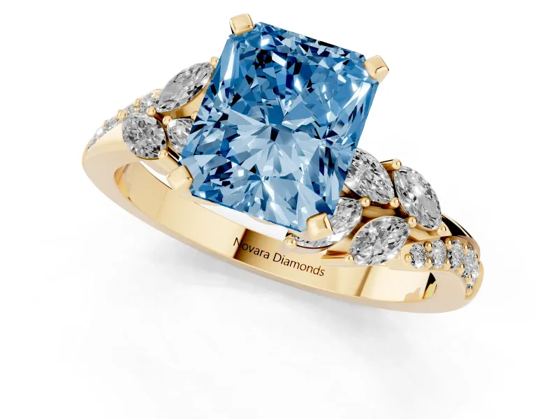 Radiant Cut Floral Engagement Ring Setting for a Fancy Blue Lab-Grown Diamond | Marquise Side Stones | Yellow Gold
