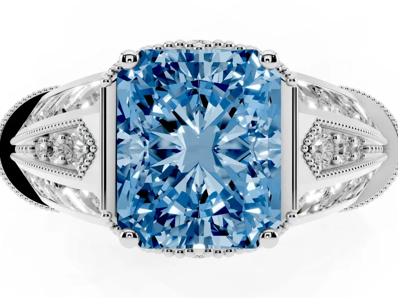 Fancy Blue Radiant Cut Diamond Vintage-Inspired Milgrain Ring Set in White gold with Accent Split Shank