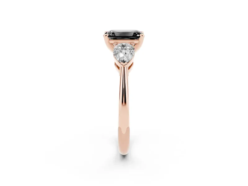 Emerald Cut Three-Stone Engagement Ring Setting for a Black Center | Pear Side Stones | Rose Gold