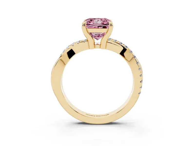 Fancy Pink Princess Cut Diamond Twist Band Solitaire Set in Yellow gold with Pavé Accents and Prong Setting