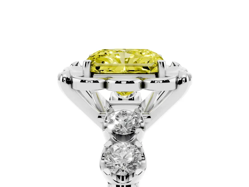 Fancy Yellow Radiant Cut Diamond Floral Halo Ring Set in Silver with Shared Prong Band