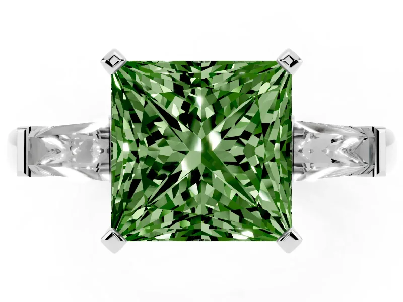 Fancy Green Princess Cut Diamond Solitaire Ring Set in Platinum with Tapered Baguette Side Stones and Prong Setting