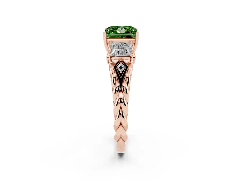Fancy Green Princess Cut Diamond Three-Stone Ring Set in Rose gold with Braided Band