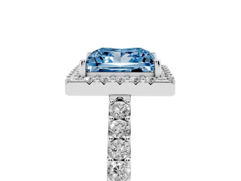 Fancy Blue Princess Cut Diamond Halo Pavé Solitaire Ring Set in Silver with Prong-Set Center Stone
