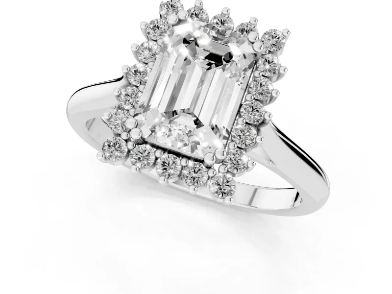 Emerald Cut Diamond Halo Ring Set in Platinum with Plain Solitaire Band and Prong Setting