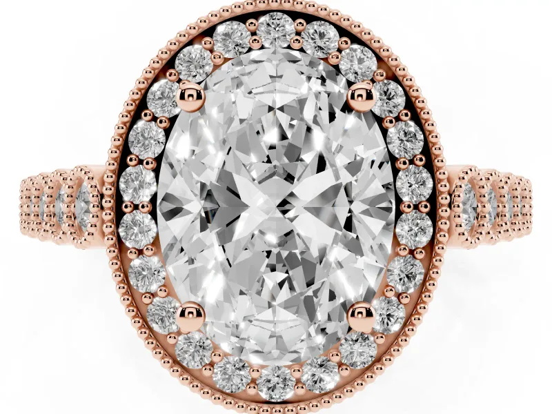 Oval Cut Diamond Milgrain Halo Solitaire Ring Set in Rose gold with Bezel Set Side Stones and Pavé Band