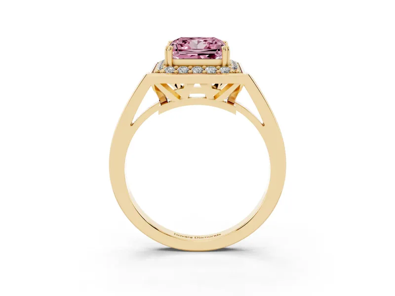 Princess Cut Halo Engagement Ring Setting for a Fancy Pink Lab-Grown Diamond | Polished Halo Rim | Yellow Gold