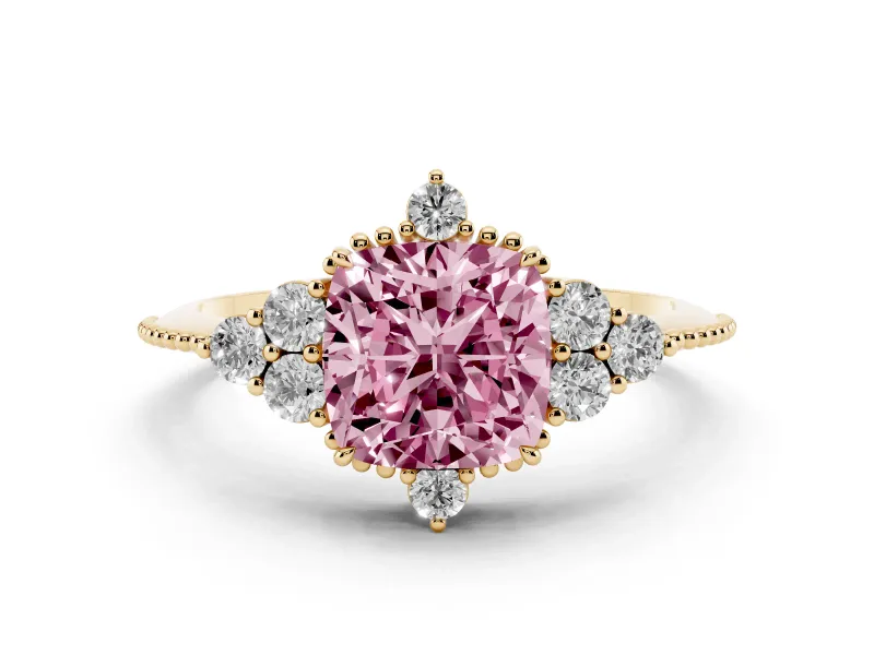 Fancy Pink Cushion Cut Diamond Cluster Ring Set in Yellow gold with Beaded Band