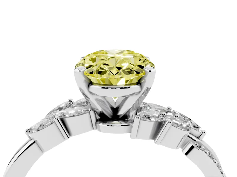 Fancy Yellow Oval Cut Diamond Solitaire Ring Set in Platinum with Marquise Twist Band and Prong Setting