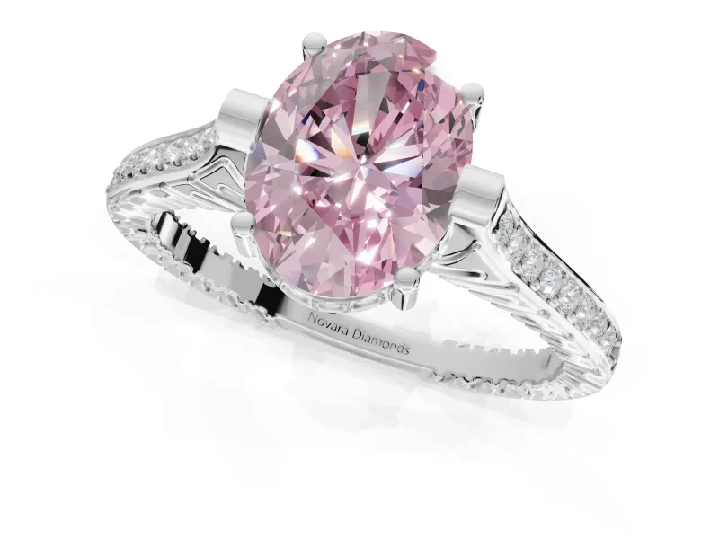 Oval Vintage Cathedral Engagement Ring Setting for a Fancy Pink Lab-Grown Diamond | Carved Band | White Gold
