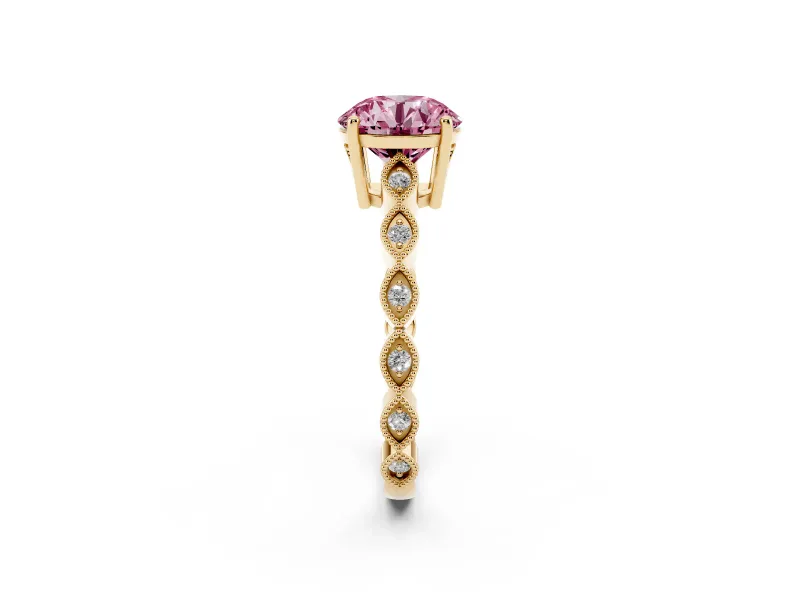 Round Milgrain Solitaire Engagement Ring Setting for a Fancy Pink Lab-Grown Diamond | Yellow Gold