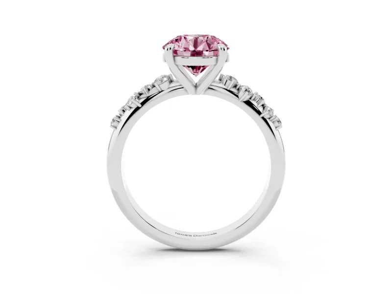 Fancy Pink Round Cut Diamond Solitaire Vine Band Ring Set in Platinum with Round Accents and Prong Setting