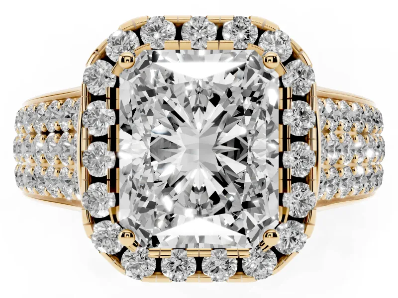 Radiant Cut Pavé Engagement Ring Setting | Wide Three-Row Band | Yellow Gold