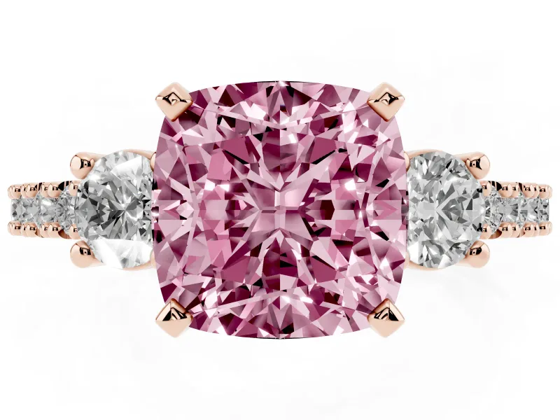 Cushion Cut Three Stone Pavé Engagement Ring Setting for a Fancy Pink Lab-Grown Diamond | Round Side Stones | Rose Gold