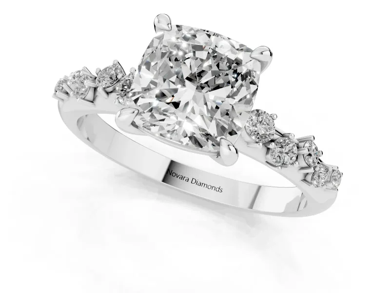 Cushion Cut Diamond Solitaire Vine Band Ring Set in Silver with Round Accents and Prong Setting
